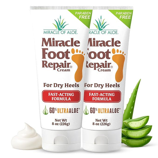 Miracle Foot Repair Cream (8 oz / 2-Pack) Repairs Dry Cracked Heels and Feet, 60% Pure UltraAloe Moisturizes, Softens, and Repairs