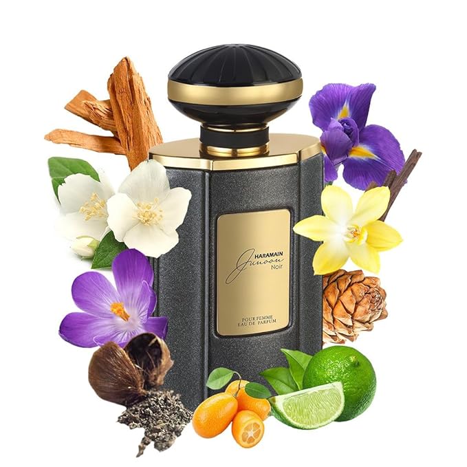 Al Haramain Junoon Noir - Arabian Perfume for Women - Floral Fragrance with Notes of Kumquat, Lime, Jasmine, Vanilla, Musk, Cedar - Arabic Long Lasting Femme Scent - Eau de Parfum - 2.5 oz EDP Spray