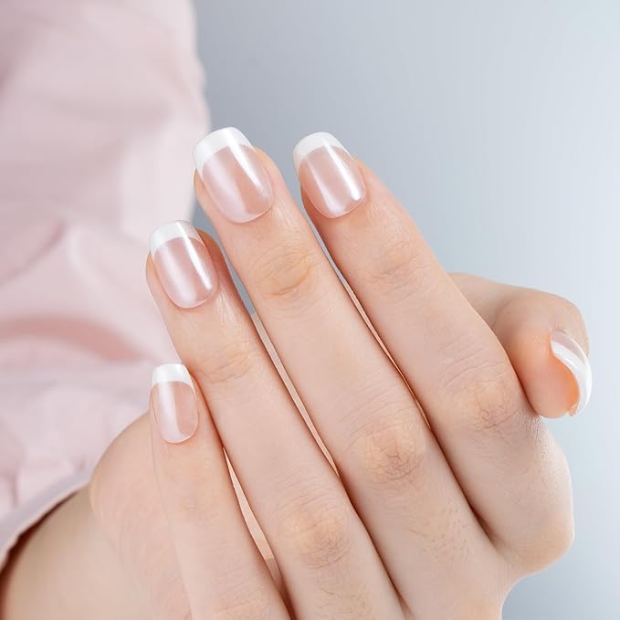 Curvlife Soft Gel Press on Nails with French Tips and Glossy Short Size Design Full Cover 15 Sizes Gel Nails, Women Reusable Nail Kit with Nail Glue Adhesive Tabs Nail File