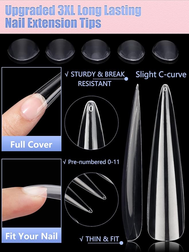 Clear Long Stiletto Nail Tips, 504PCS XXXL Extra Long Stiletto Fake Acrylic Nails, Full Cover Soft Gel C Curve Nail Tips False Nail Extension Tips for Manicure Salon DIY Nail Art 12 Sizes