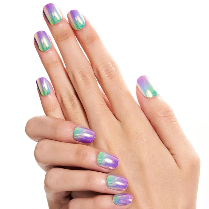 GLAMERMAID Extra Short Press on Nails 24PCS, Handmade Purple Green Ombre Chrome Fall Gel Glue on Nails, Glossy Round Reusable UV Finish Fake Nails Acrylic False Nails Manicure Kits for Women