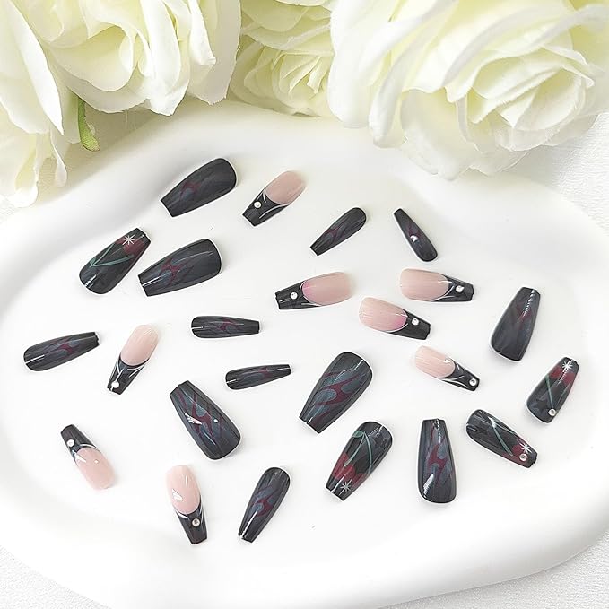 Coffin Press on Nails Medium French Tip With Stars, Rhinestones, Cherry Lines Design - Black Full Cover Acrylic False Nails for Women - 24Pcs
