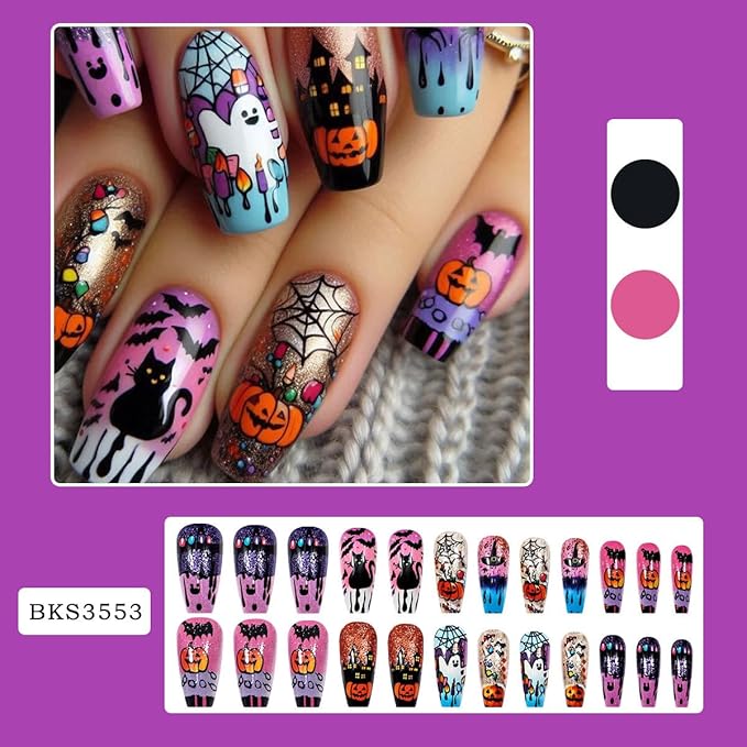 24Pcs Halloween Press on Nails Long Coffin False Nails with Ghost Pumpkin Design Acrylic Glue on Nails Black Cat Bat Halloween Fake Nails Glossy Glitter Holiday Stick on Nails for Women DIY Nail Salon