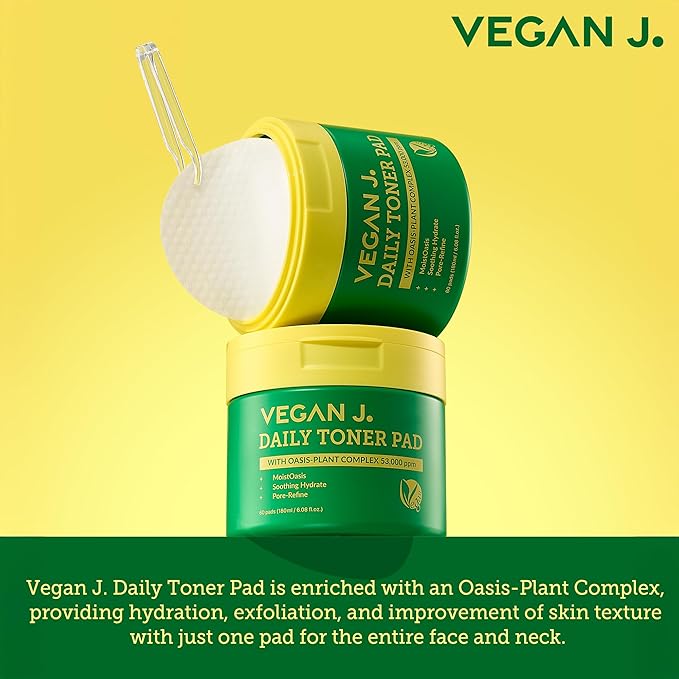 Vegan J Daily Toner Pads | Exfoliating, Hydrating, Moisturizing | Vegan K-Beauty | Oasis-Plant Complex 53,000ppm | Pore Refining & Skin Soothing | 100% Cotton (60 Pads)
