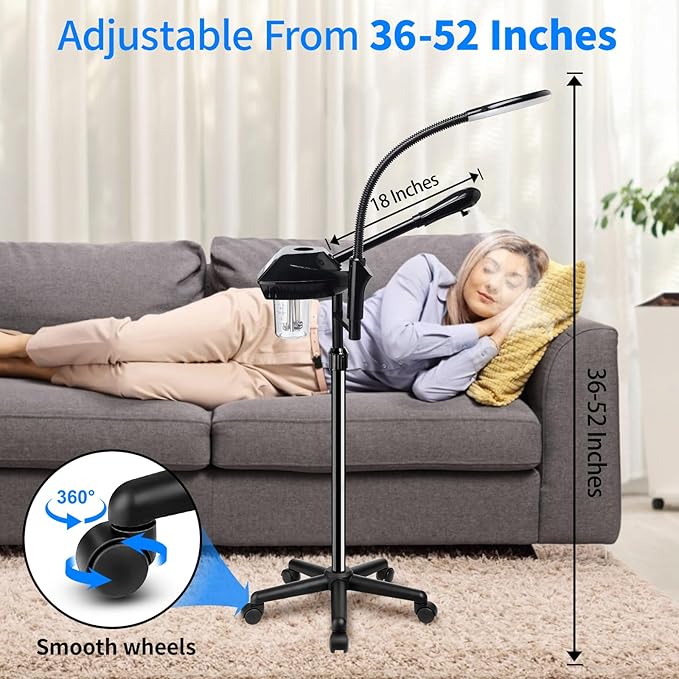 Professional Facial Steamer on Wheels, 2-in-1 Facial Steamers with 5X Magnifying Lamp, Facial Steamer for Facial Deep Cleaning, Facial Humidifier for Spa, Salon and at Home Use