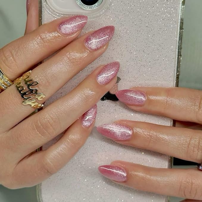KQueenest Press On Nails Short - Light Baby Pink Press On Nails Almond Shape, Glitter Cat Eye Fake Nails with Nail Glue, Reusable Cute Bright Gel Glue On Nails with Color-Shifting Glow, 30 Pcs