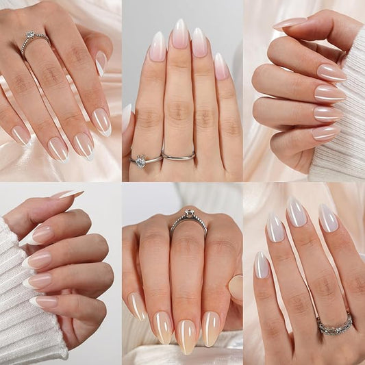 6 Packs Press On Nails Almond, Misssix French Tip Press On Nails Short, Reusable Glue On Nails, Gel Fake Nails for Women, Stick On Nails Kit 15 Sizes-6 styles in total