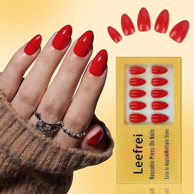Red Press on Nails - Glossy Short Almond Press on Nail, Fake Nails Reusable Nails Press ons for Women, 32 Pieces in 16 Sizes False Nails Kit with Glue, Cherry Heat