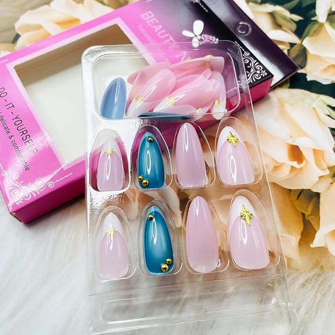 Blue Press on Nails Medium Almond Fake Nails with 3D Gold Bow Steel Ball Charms Design White French Tips Glue on Nails Glossy Blue Artificial False Nails for Women Girls Manicure Decoration Tips 24Pcs