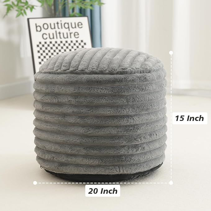 Pouf Ottoman Stuffed Round for Foot Rest, Faux Fur Poufs with Foam Chunk Filling, Storage Ottoman Pouf Foot Stool Cushion, 20 X 15 Inch Floor Chair for Living Room Bedroom Home Decor, Light Gray