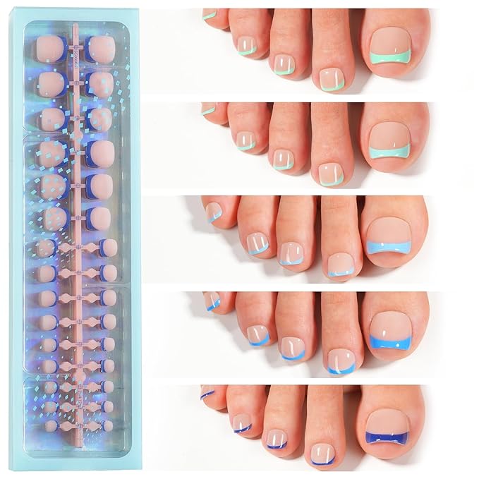 Vansiho Blue French Tips Press on Toe Nails Short, Toenail Press on Square for Women, Soft Gel Fake Toenails, Acrylic Nails Soak off Toe Nail Home DIY 15 Sizes