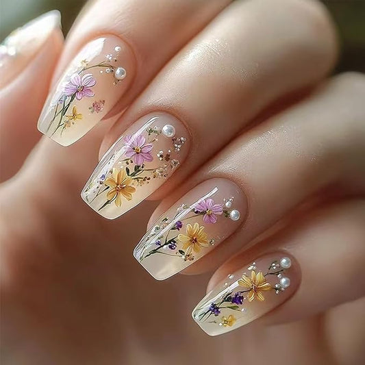 24Pcs Flower Press on Nails Short Coffin Fake Nails Spring Summer Nails with Pearl Floral Artificial Nails Glossy Glue on Nails Full Cover Nude Acrylic Stick on Nails for Women Manicure Art Design