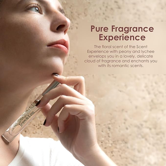 Jean & Len Scent Experience Peony & Lychee, Eau de Toilette with peony & lychee fragrance, practical mini perfume, ideal for on the go, minimalistic glass bottle, 0.34 Fl. Oz.