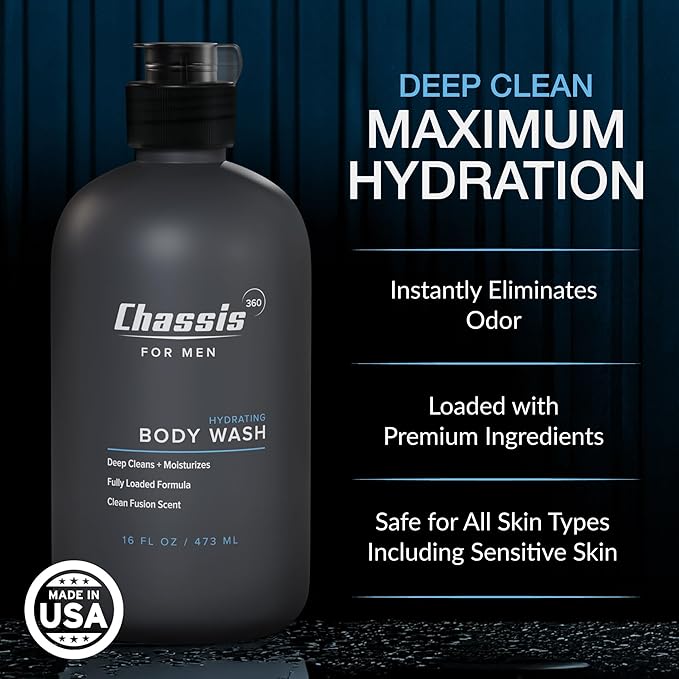 Chassis 360 Men's Body Wash - Maximum Hydration Liquid Body Cleanser for Men - Triple Foam Formula with Clean Fusion Scent - Suitable for All Skin Types - Sulfate & Paraben Free - 16 Fl Oz Bottle