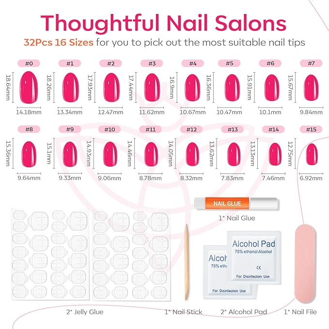 Modelones Press on Nails Short, Oval Fake Nails, Reusable Nail Kit with Nail Glue Adhesive Tabs Mini Nail File, Nails Press Ons 32Pcs 16Sizes, Women Girl Gift, Chrome Pink