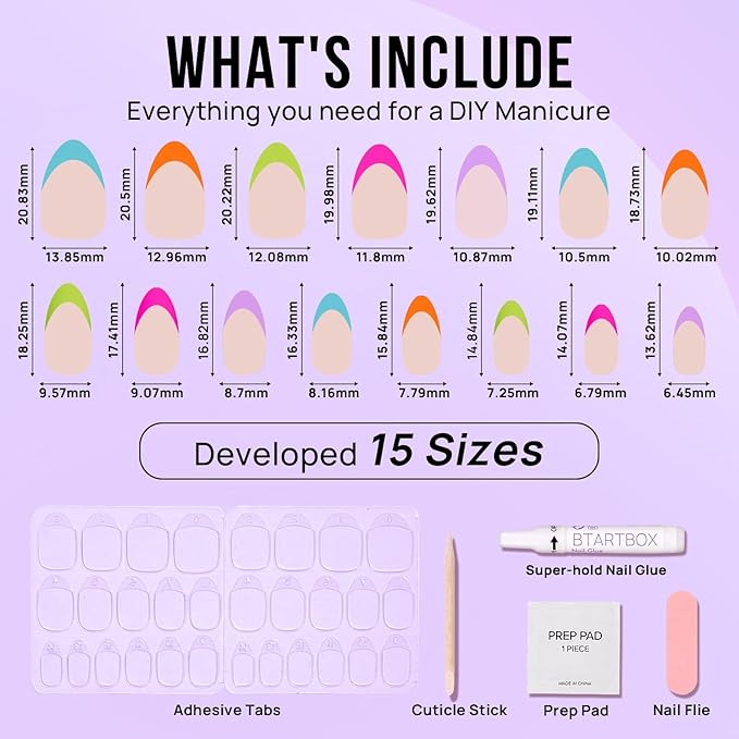 BTArtbox Press On Nails Short - Soft Gel French Tip Press On Nails, Colorful Almond Glue On Nails, Reusable Stick On Nails in 16 Sizes, Neon Rainbow French