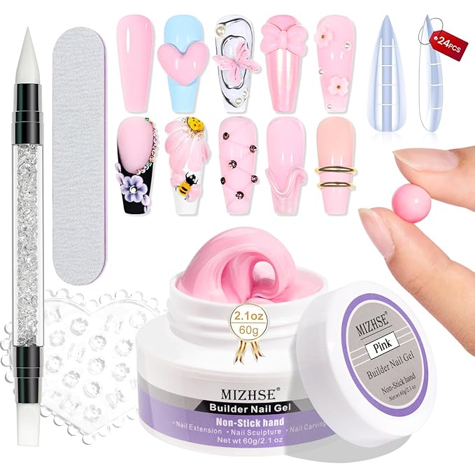 MIZHSE Solid Nail Builder Gel, 2.1 oz 60g Pink Builder Gels for Nails Non-Sticky Solid Builder Extensions Hard Gel with 24pcs Dual Forms and Silicone Pen 3D Art Manicure Set