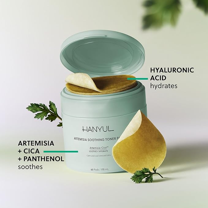 HANYUL Artemisia Soothing Toner Pads with Centella Asiatica and Hyaluronic Acid | Hydrating & Calming Pre-Makeup Facial Pads for Sensitized Skin, Dual-Layer Design, 60 Count