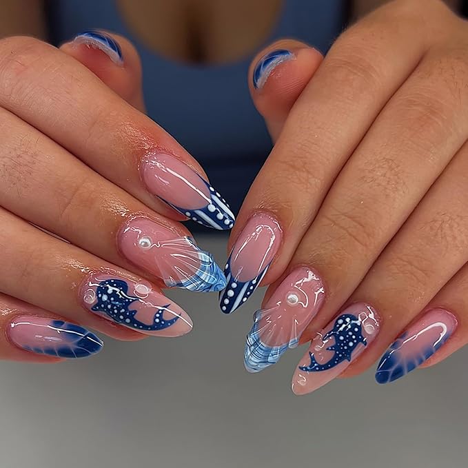 24Pcs Blue French Tip Press on Nails Medium Almond Fake Nails Blue Whale False Nails with 3D Ripple Pearl Glitter Design Full Cover Artificial Glue on Nails Summer Hawaii Stick on Nail for Women DIY