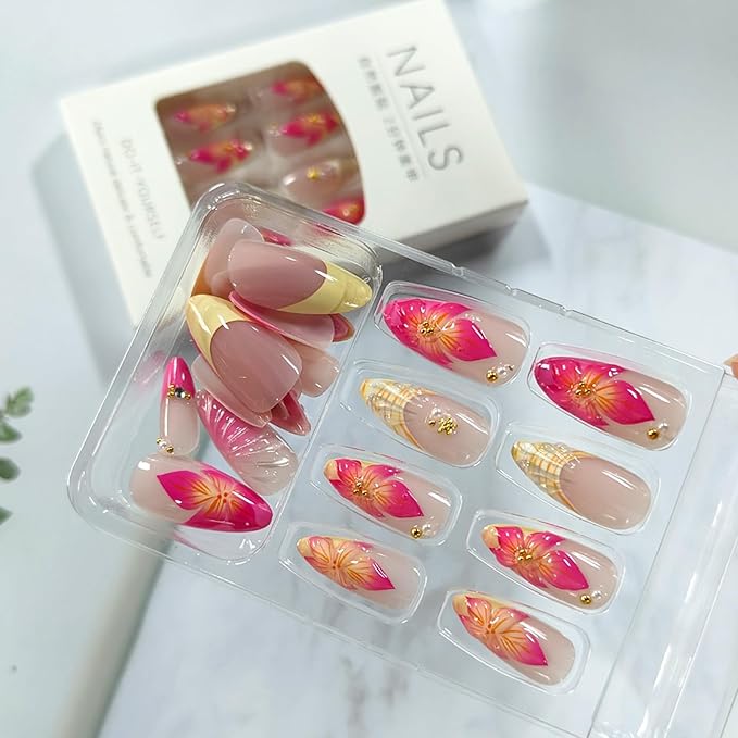 24Pcs Pink Flower Press on Nails Medium Almond Fake Nails 3D Floral Shell Pattern Acrylic Nail Gold Starfish Pearl French Tip Glue on Nails Summer False Nail Tips for Women Manicure Kit