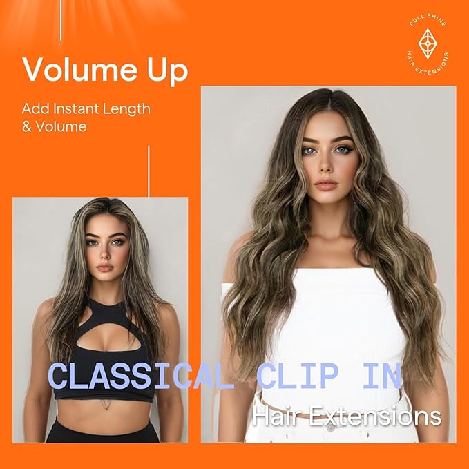 Full Shine Clip in Human Hair Extensions 16 Inch Clip in Extensions Brown Ombre Dark Brown Mix Platinum Blonde Straight Double Weft Brazilian Hair for Women 7 Pcs 120 G