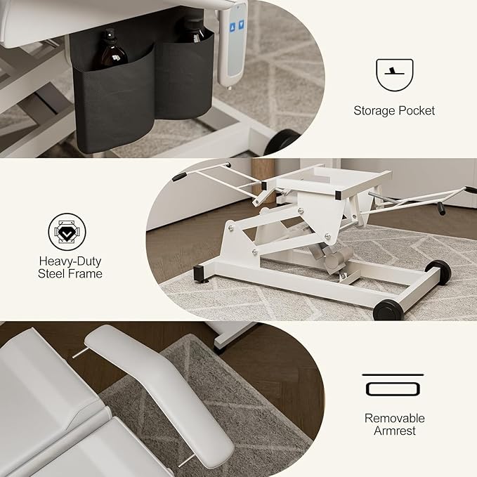 Icoget Electric Tattoo Chairs, Esthetician Facial Bed and Stool, Spa Massage Table for Beauty Microblading, Wax, Lash Chair for Eyelash, White