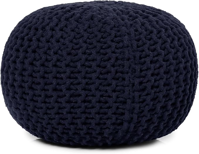 REDEARTH Round Pouf Foot Stool Bean Bag Ottoman - Cable Knitted Cord Boho Pouffe - Poof Accent Bean Bag - Handmade by Artisans for Living Room - Bedroom (19.5"x19.5"x14") - Navy Blue