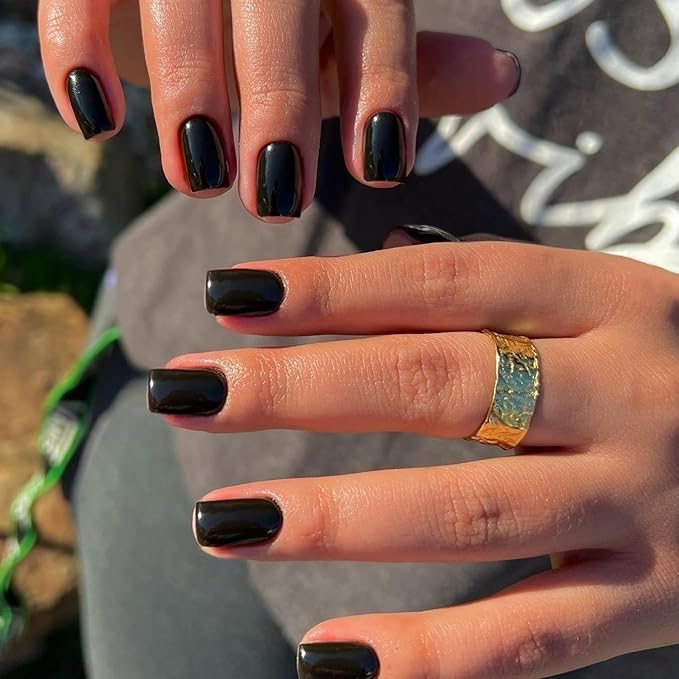 48Pcs Black Press on Nails Short Square Fake Nails, Glue on Nails Short Gel Nails Press ons, Acrylic Nails Stick on False Nails for Women, Natural Handmade Thick Extra Short Nails Small Petite