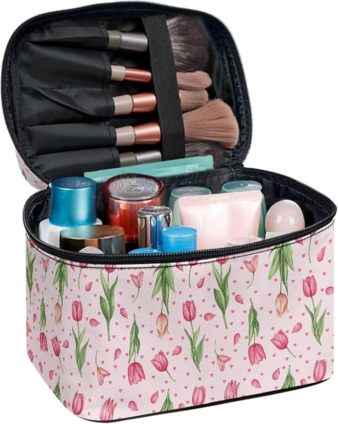 Pink Tulip Floral Heart Print Travel Makeup Bags for Women Portable Tote Cosmetic Case with Carry Handle Toiletry Accessories Storage Organizer Bags for Valentine's Day Mother's Day