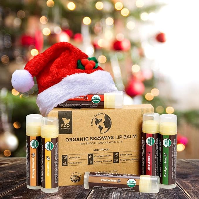 Earth's Daughter USDA Organic Lip Balm 6-Pack - Fruit Flavors, Beeswax, Coconut Oil, Vitamin E - Best Lip Repair Chapstick for Dry Cracked Lips - Moisturizing Lip Care