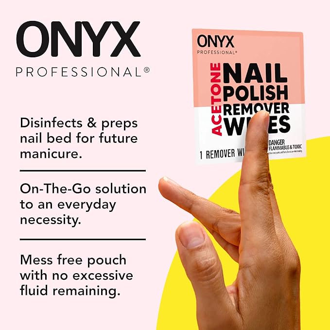 Onyx Professional Nail Polish Remover Pads, 60 Wipes - Acetone Wipes, Individually Wrapped, Fingernail Travel Kit to Clear Nail Polish, Acetone Pads