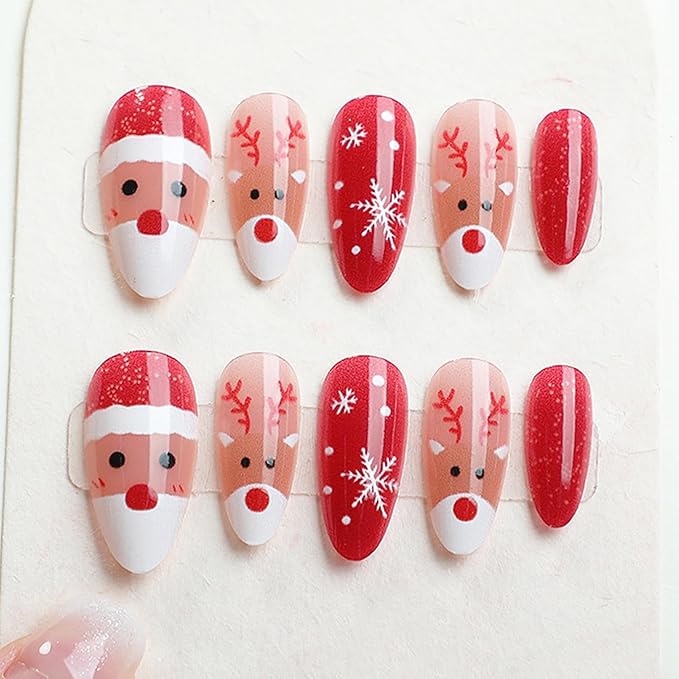 24Pcs Christmas Press on Nails Almond Medium, NEWSPIED Cute Santa Claus Elk Fake Nails with Snowflakes Design Red Shiny Christmas False Nails Reusable Holiday Artificial Nails for Women Girls Manicure