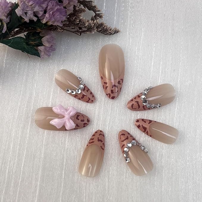 Leopard Print French Tip Press on Nails Medium Length Almond Fake Nails Bow False Nails Brown Nude with Rhinestone Design Glossy Acrylic Stick on Nails for Women Decor Manicure Supplies