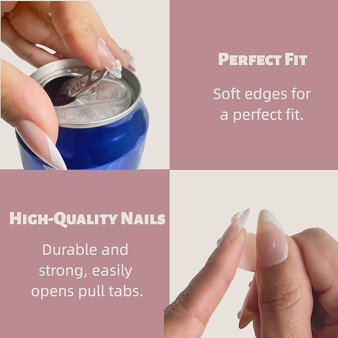 24PCS Blush Pink French Almond Press-On Nails – Medium Length Fake Nails with 3D Bow & Flower Design, Soft Back & Durable Tip, Reusable Stick-On Nail Tips with Glue & Tools for Women