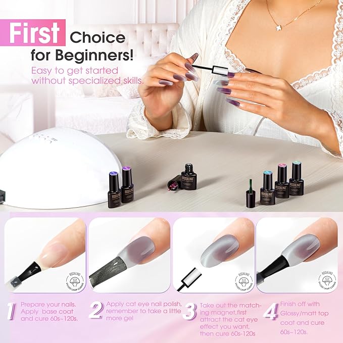 ROSALIND Cat Eye Gel Nail Polish, 8 Color Jelly Gel Polish with Magnet Stick Magnetic Cateye Translucent Effect Sheer Glitter Collection Manicure Gifts for Women