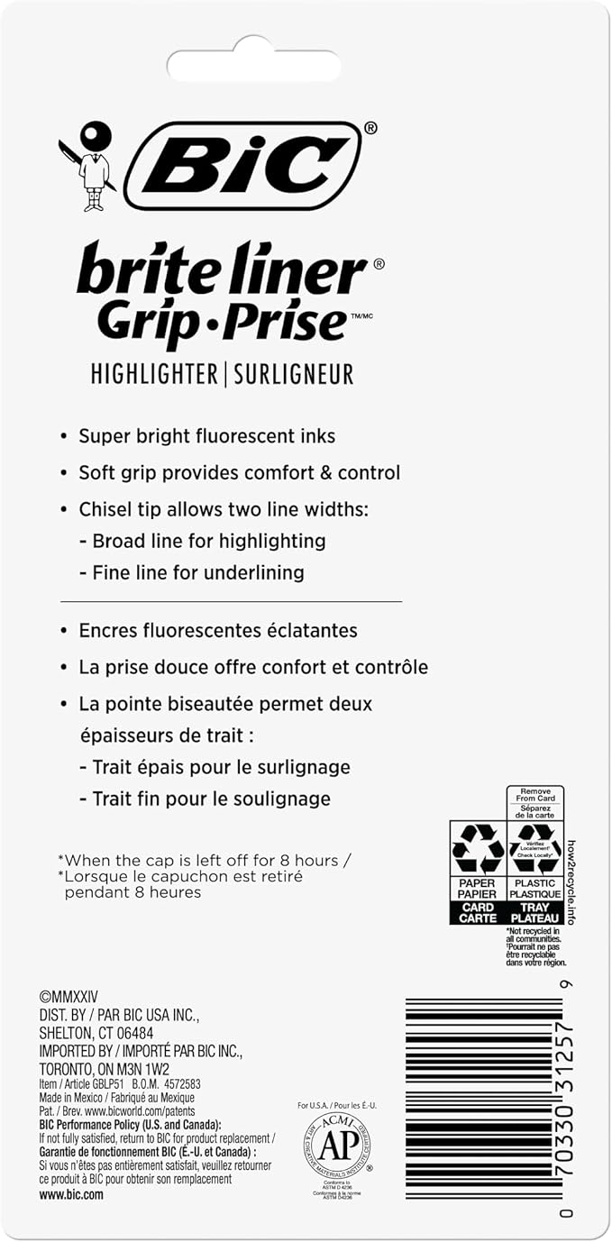 BIC Brite Liner Grip Highlighter, Chisel Tip (1.6 mm), Assorted Colors, For Broad Highlighting & Fine Underlining, 5-Count