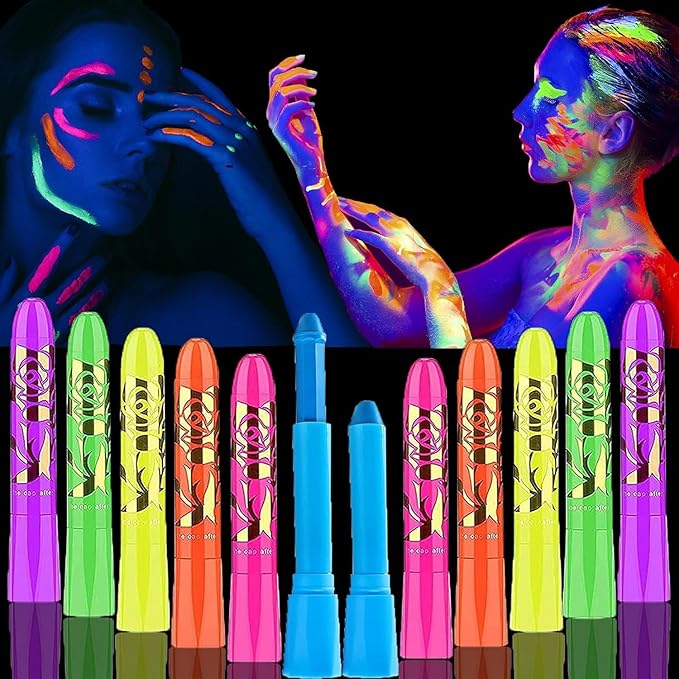 12 Pcs Glow in The Light Body Face Paint, Face Painting Kit, UV Crayons Kit Fluorescent Body Paints for Adults for Birthday Party Halloween Masquerade Makeup Outdoor for Kids