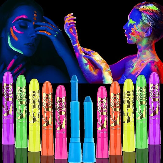 12 Pcs Glow in The Light Body Face Paint, Face Painting Kit, UV Crayons Kit Fluorescent Body Paints for Adults for Birthday Party Halloween Masquerade Makeup Outdoor for Kids