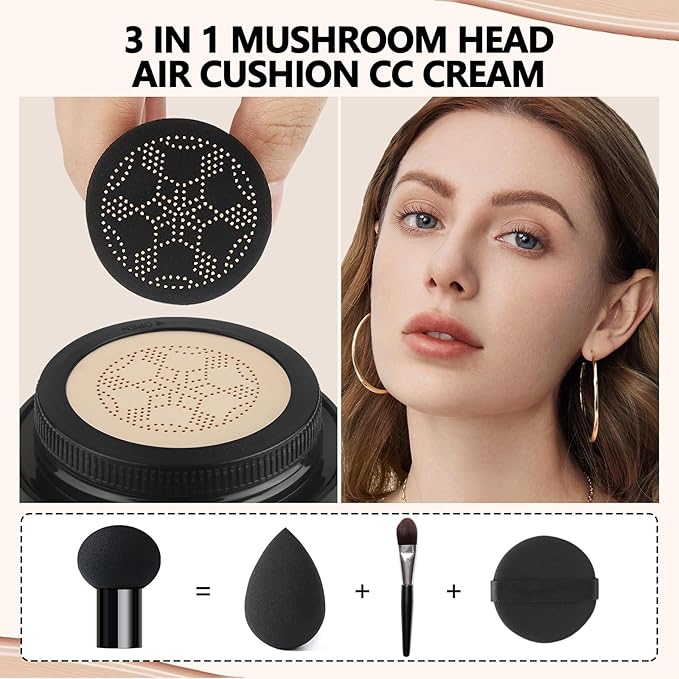 Anglicolor Mushroom Head Air Cushion CC Cream Full Coverage,Face Makeup Cushion Foundation Long Lasting,BB Cream Even Skin Tone for Oily & Combination Types (#01 Porcelain)