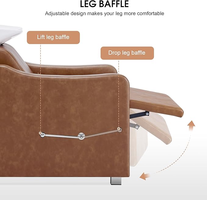 BarberPub Backwash Shampoo Station Chair, Adjustable Porcelain Ceramic Hair Wash Bowl with Chair, Shampoo Station for Barber Shop, Spa Beauty Salon Equipment 9364 (Brown)