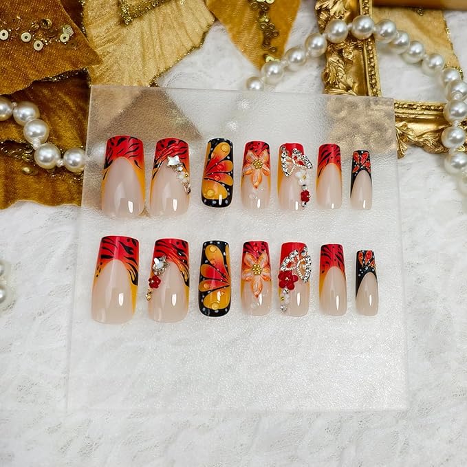 24Pcs French Tip Press on Nails Handmade 3D Flower Fake Nails Medium Square Butterfly Wings False Nail Butterflies Flowers Charms Full Cover Luxury Glue on Nails for Women, Elegant Flower Nail Art