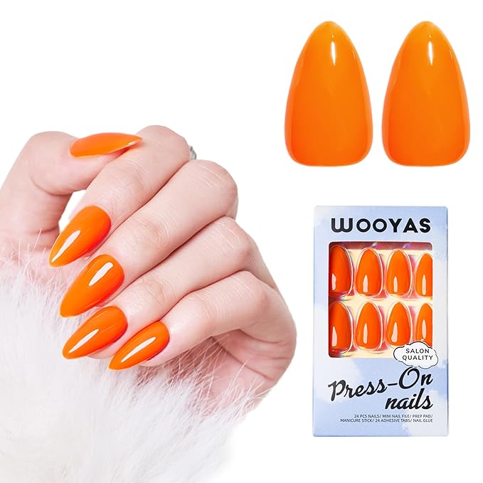 Wooyas Jelly Orange Press on Nails Almond, Hot Orange Medium Glossy Handmade Gel Fake Nails, Neon Reusable Salon Perfect Glue on Nails in 12 Sizes - 24 Pcs Soft Gel Glue On Nails Kit for Women Girls