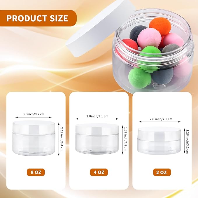24 Pack 4 Oz Plastic Containers with white Lids, Clear Empty BPA Free and Refillable Cosmetic Jars Travel Containers for Creams, Lotion, Bath Salts, Sugar Scrub, Slime, Lip Scrub, Makeup