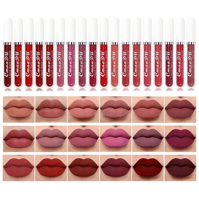 BONNIE CHOICE 18Pcs Matte Liquid Lipstick Set, Waterproof Long Lasting Non-Stick Cup Nude Lipstick Dark Red Lipstick for Women 24 Hour High Pigmented Lip Gloss Set Christmas Day Gifts for Women