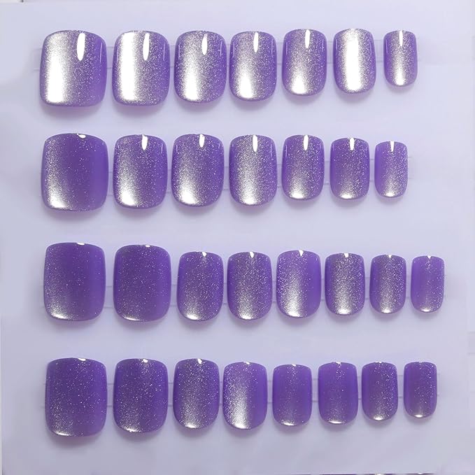Purple Press On Nails Short - Lavender Color, Cat Eye Press On Nails Square Fake Nail with Color-Shifting Glow, Reusable Stick On Nails, 15 Sizes - 30Pcs, Glue On Nails for Women, Amethyst Drift