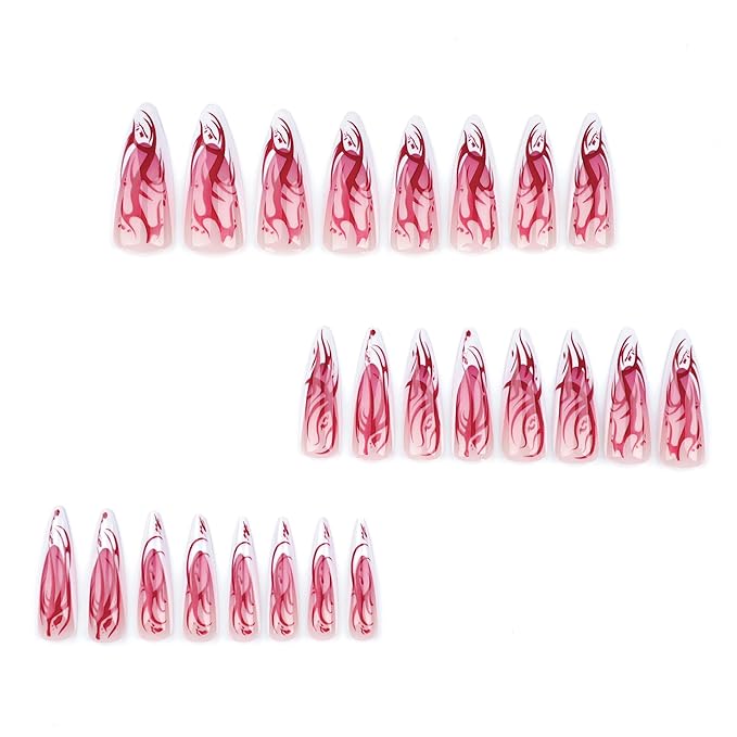 IMRAIN French Tips Press on Nails Long Stiletto Fake Nails Glossy Full Cover Acrylic Red Totem Artificial False Nails Gel Halloween Stick on Nails for Women 24Pcs