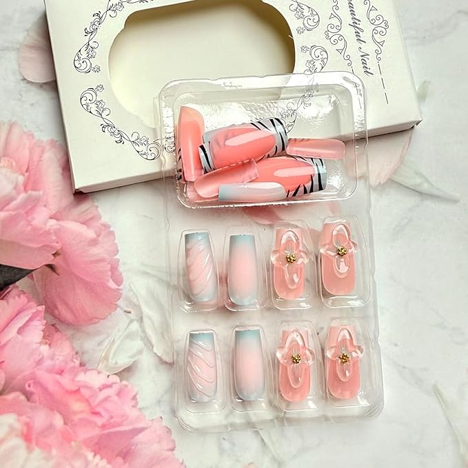 24Pcs Blue Flower Press on Nails Long Square French Tip Fake Nails with 3D Flower Rhinestones Designs Summer False Nails Cute Acrylic Stick on Nails Full Cover Glue on Nails for Women Manicure Kit