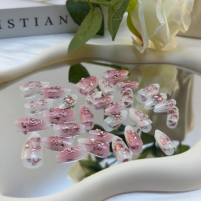 Pink Press on Nails Medium Almond Fake Nails with 3D Heart Pearl Rhinestones Designs White Gradient Bow Silver Star Stick on Nails Flower Charms Full Cover Glue on Nails for Women Girls 24Pcs