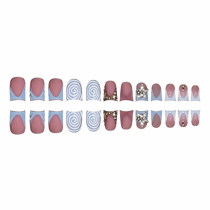 BABALAL Duck Press on Nails Blue Gold Fake Nails Short French Tipwith Swirl Designs Glue on False Nails Short Press ons Sparkly Artificial Y2k Star Stick on Nails for Women 24Pcs