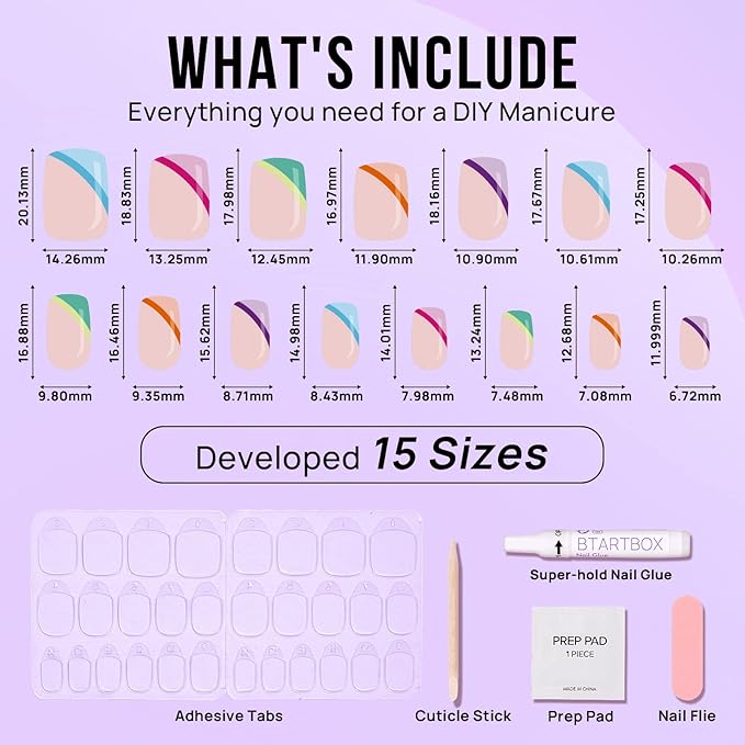 BTArtbox Short Press On Nails - Soft Gel French Tip Press On Nails, Supremely Fit & Natural Square Glue On Nails with Nail Glue, Reusable Stick On Nails in 15 Sizes, Pastel Curves